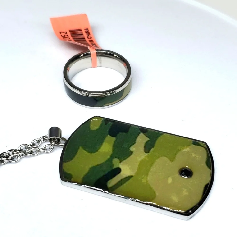 Black Austrian Crystal Men's Camouflage Ring Sz 12 and Dog Tag Pendant